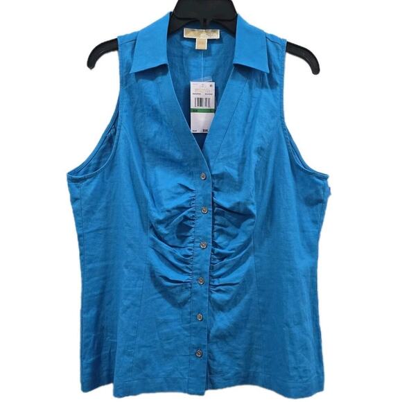 Michael Kors Womens Collar Halter Sleeveless Summer Top Blue Linen Size L - Picture 3 of 9